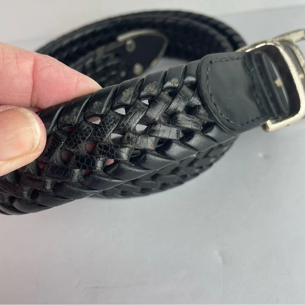 Fossil Black Woven Leather Belt Silver Buckle 36”